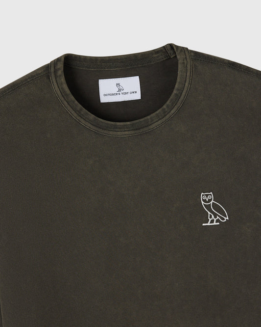 Deep olive long-sleeve tee with crew neckline and white owl embroidered on chest.