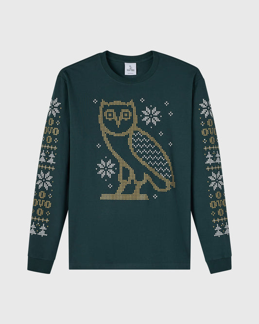 Snowflake Owl Long-Sleeve Tee - Midnight Green