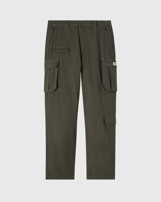 Olive cargo pants with multiple flap pockets on thighs and legs, featuring a straight silhouette and button waistband.
