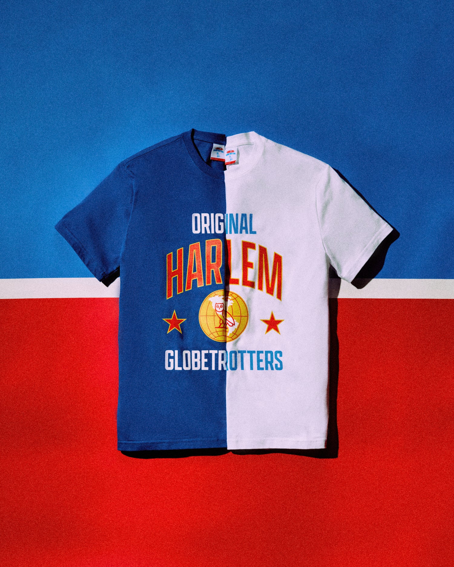 Two Octobers Very Own x Harlem Globetrotters t-shirts folded in half, one is blue, the other is white