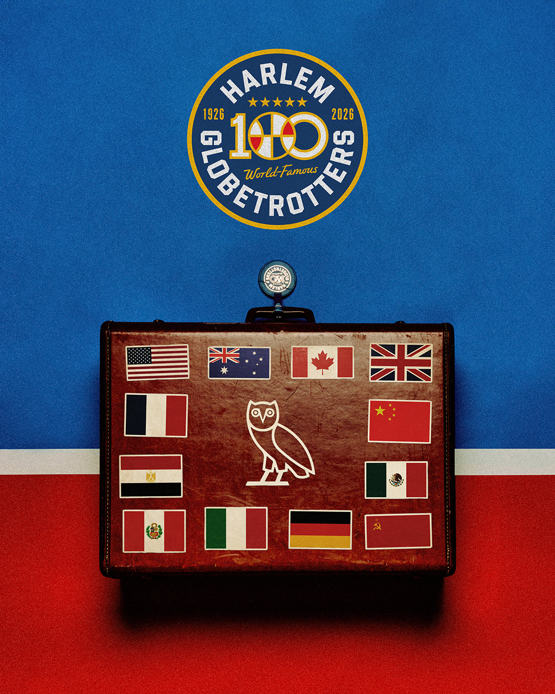 Vintage suitcase with international flags on a blue and red background with 'Harlem Globetrotters' logo.