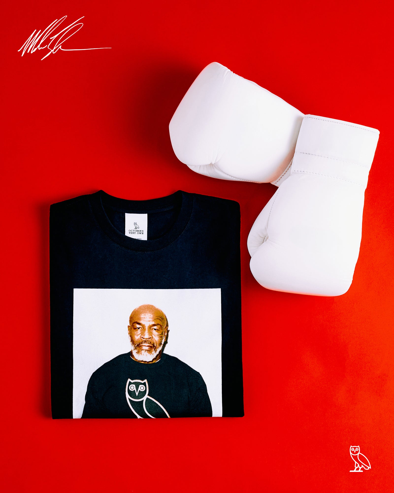 Black October's Very Own x Tyson t-shirt with a graphic and white boxing gloves on a red background