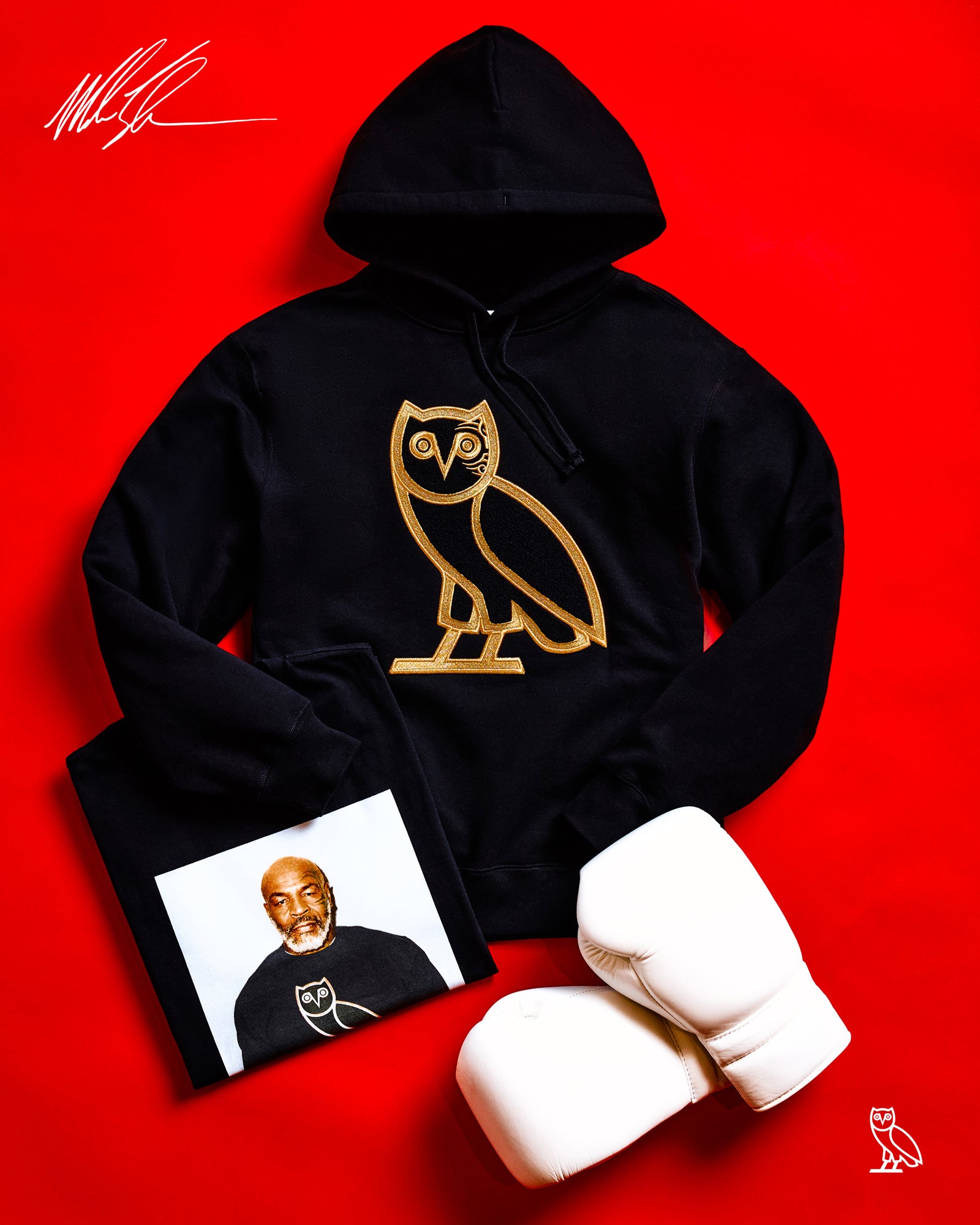Black October's Very Own x Tyson hoodie with gold owl logo, white boxing gloves, and a photo of a man wearing a black hoodie with a white logo on a red background.