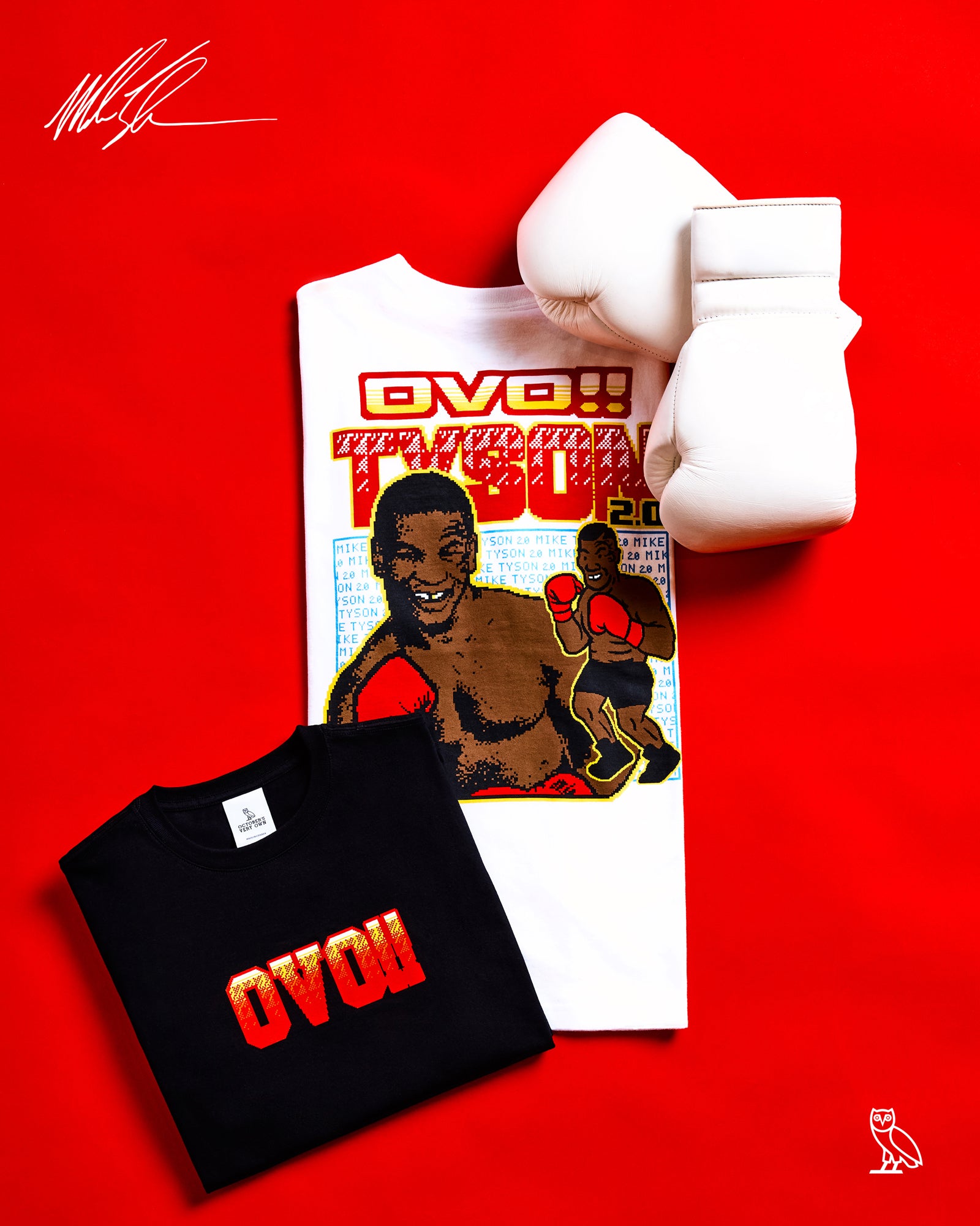 October's Very Own x Tyson T-shirt with boxing graphic and text, white boxing glove, black t-shirt with red text on a red background