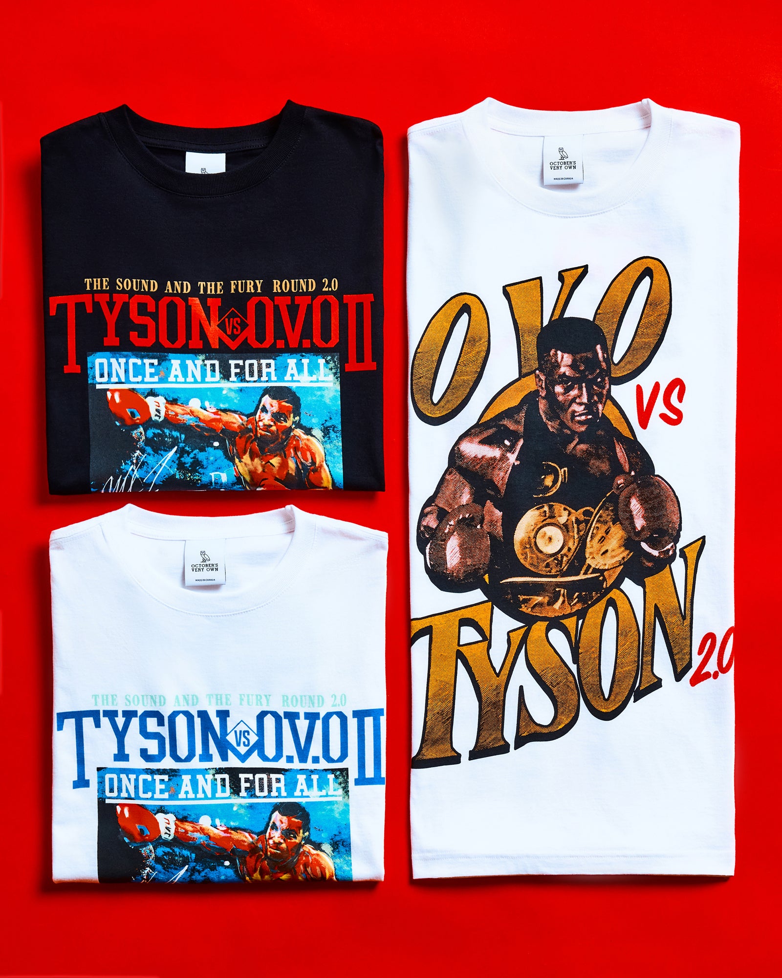 Three boxing-themed October's Very Own x Tyson t-shirts featuring images and text related to a famous boxing match on a red background.