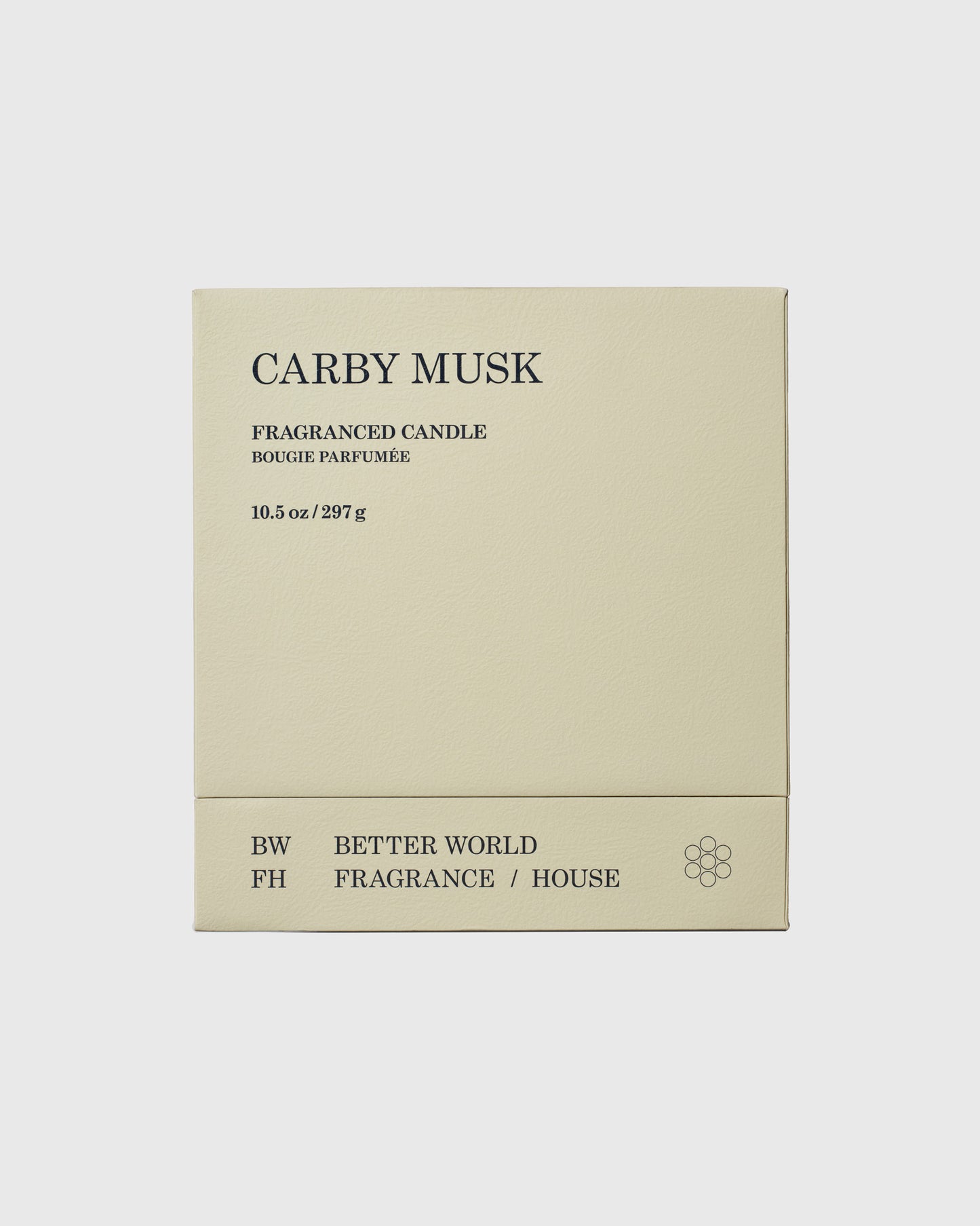 Cream-colored candle box labeled "Carby Musk" by Better World Fragrance House, 10.5 oz, with minimalist text design.