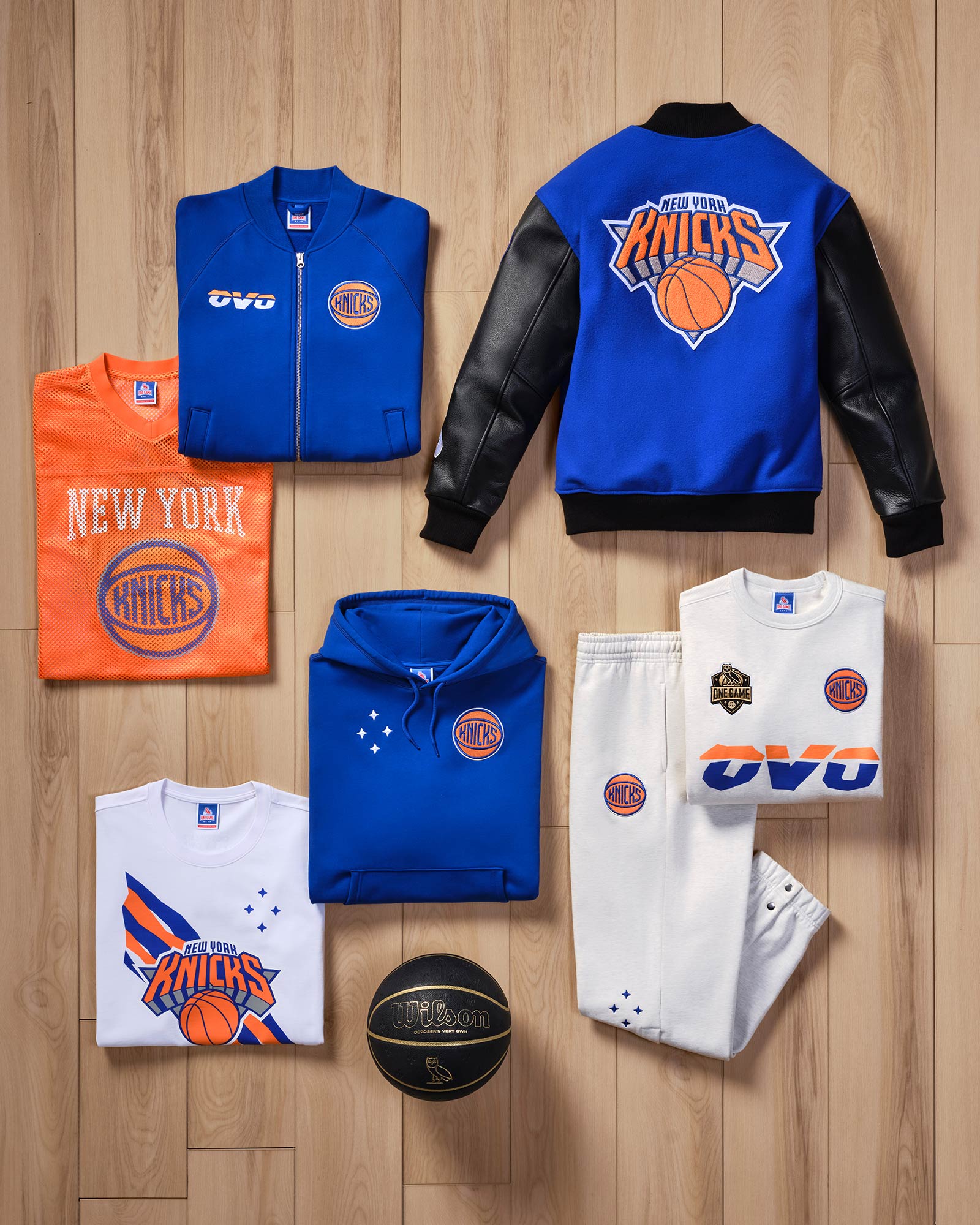 T-shirt, Hoodie, Sweater, Varsity laid out flat on the group. Featuring New York Knicks items from the October's Very Own / NBA collection