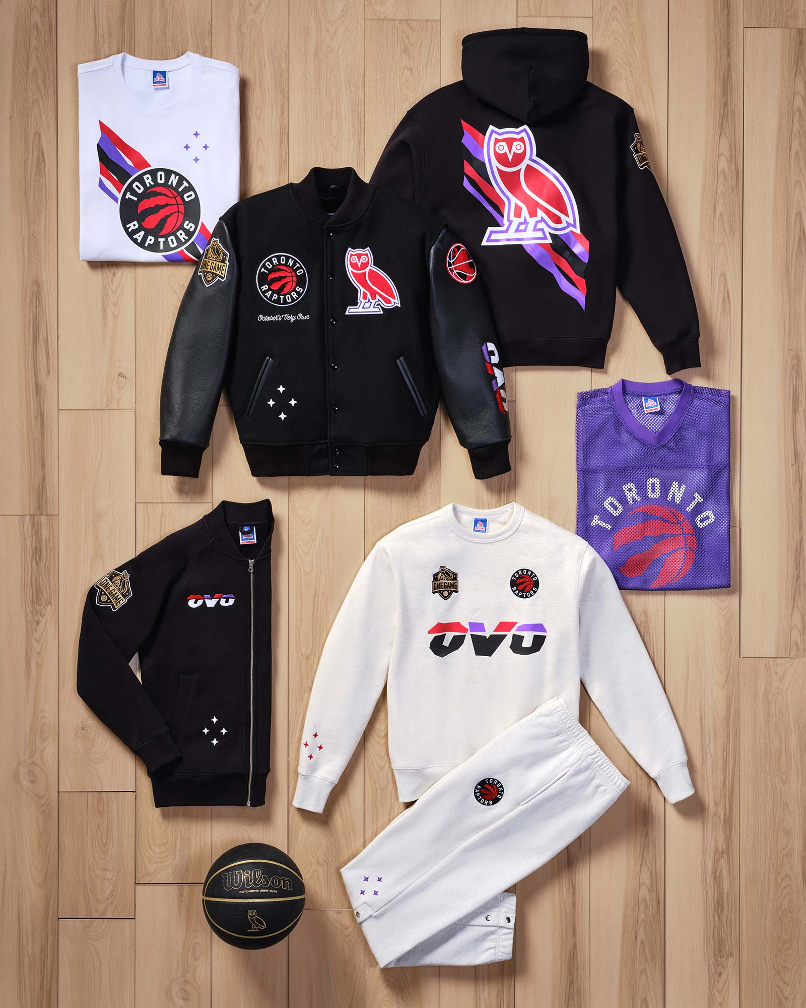 T-shirt, Hoodie, Sweater, Varsity laid out flat on the group. Featuring Toronto Raptors items from the October's Very Own / NBA collection