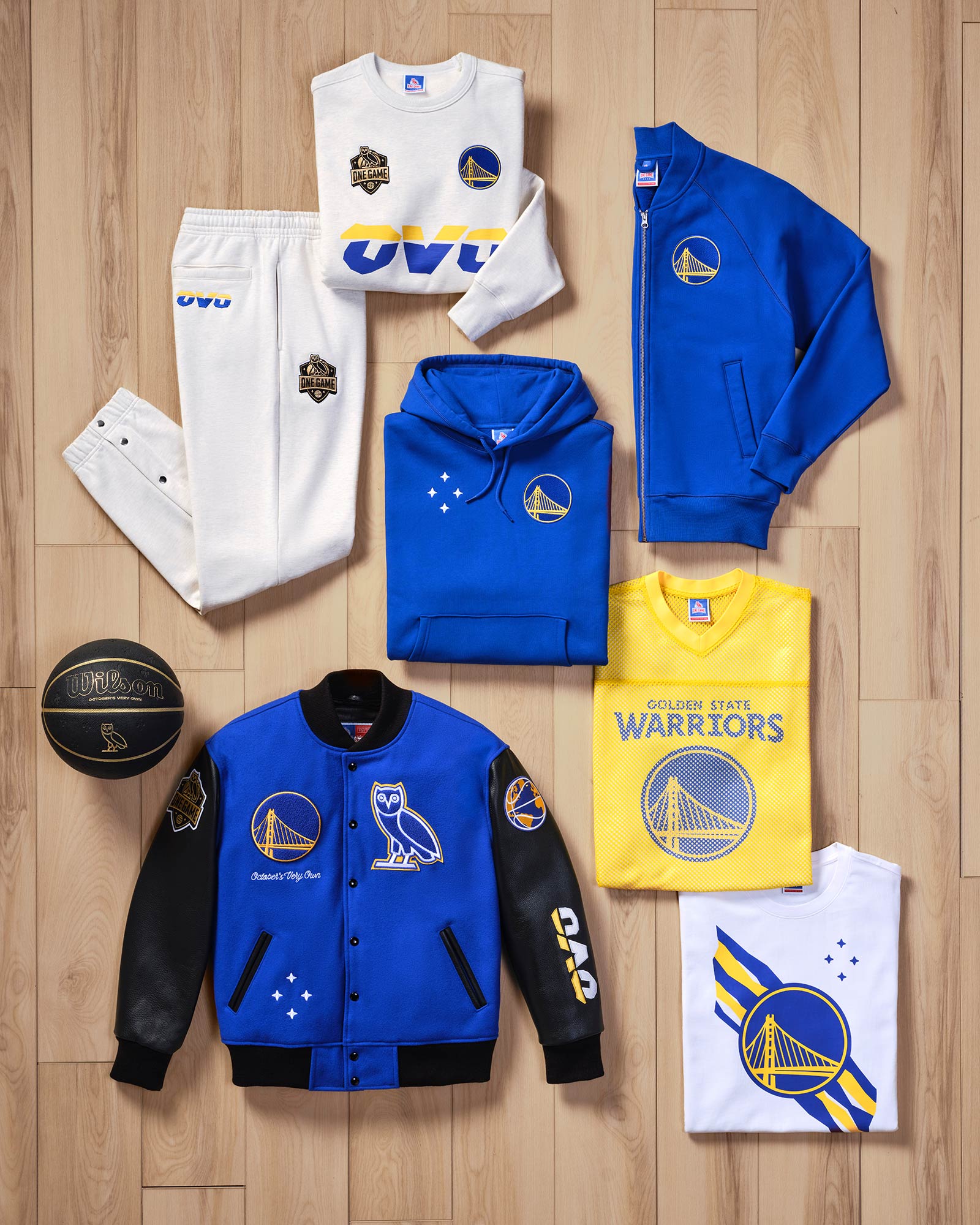 T-shirt, Hoodie, Sweater, Varsity laid out flat on the group. Featuring The Golden State Warriors items from the October's Very Own / NBA collection