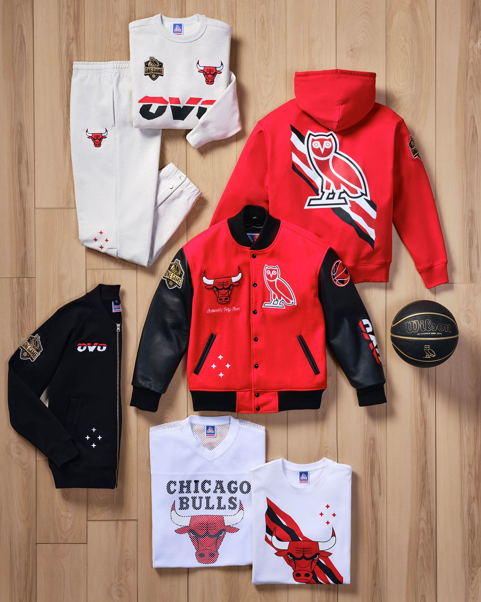 T-shirt, Hoodie, Sweater, Varsity laid out flat on the group. Featuring The Chicago Bulls items from the October's Very Own / NBA collection
