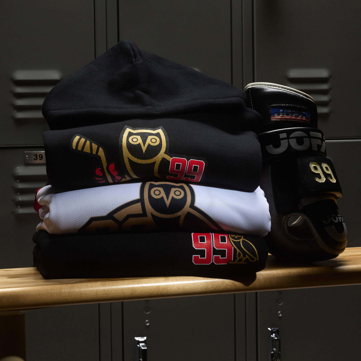 October's Very Own x Gretzky Hockey School Collection on a bench