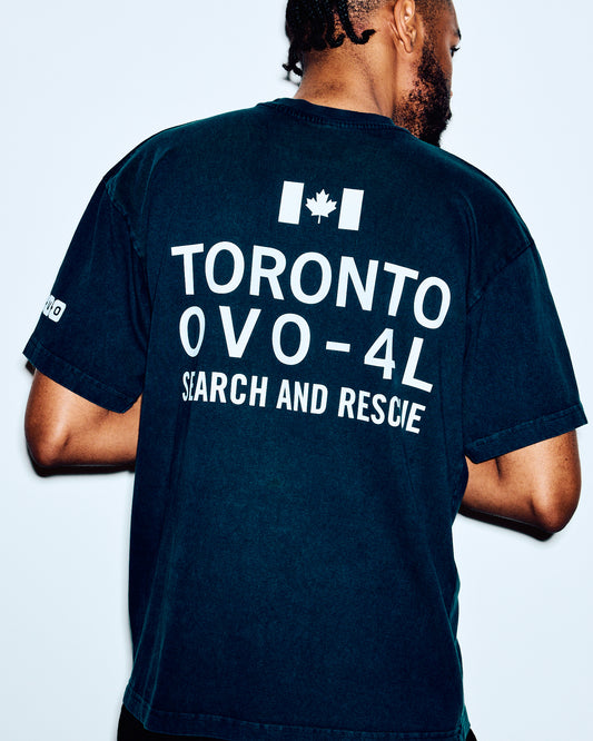 Navy t-shirt with white text reading "Toronto OVO-4L Search and Rescue" and Canadian flag on back.