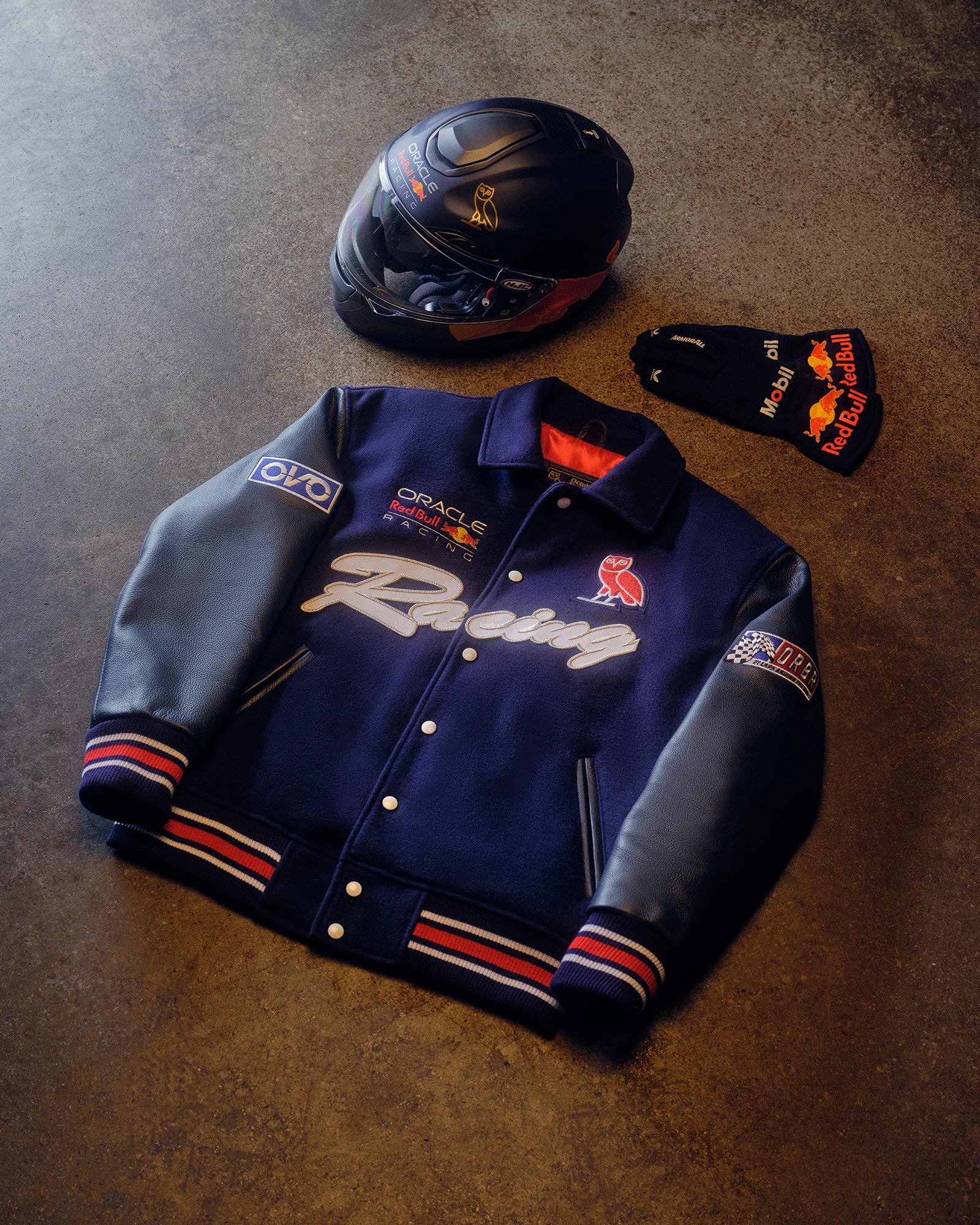 October's Very Own x Red Bull Racing Varsity Jacket, Helmet and Gloves