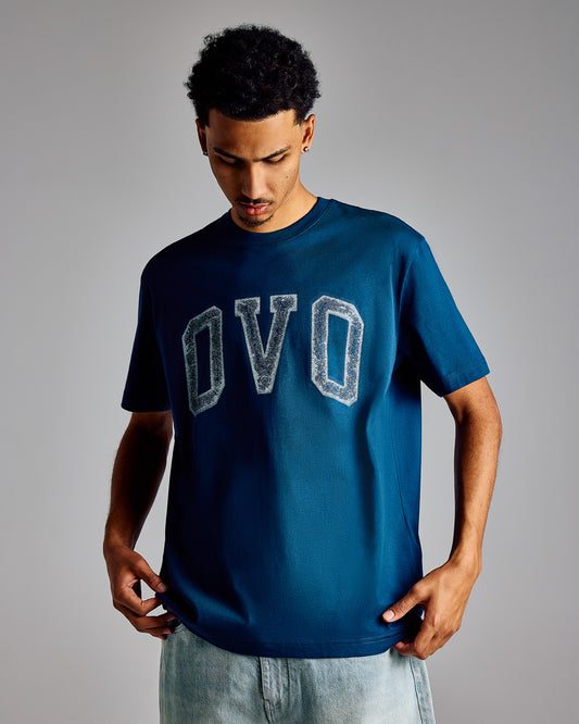 Royal navy t-shirt with distressed gray arch lettering on chest.