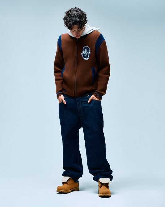 Brown and blue zip cardigan with white hood collar and embroidered varsity "O" patch on chest.