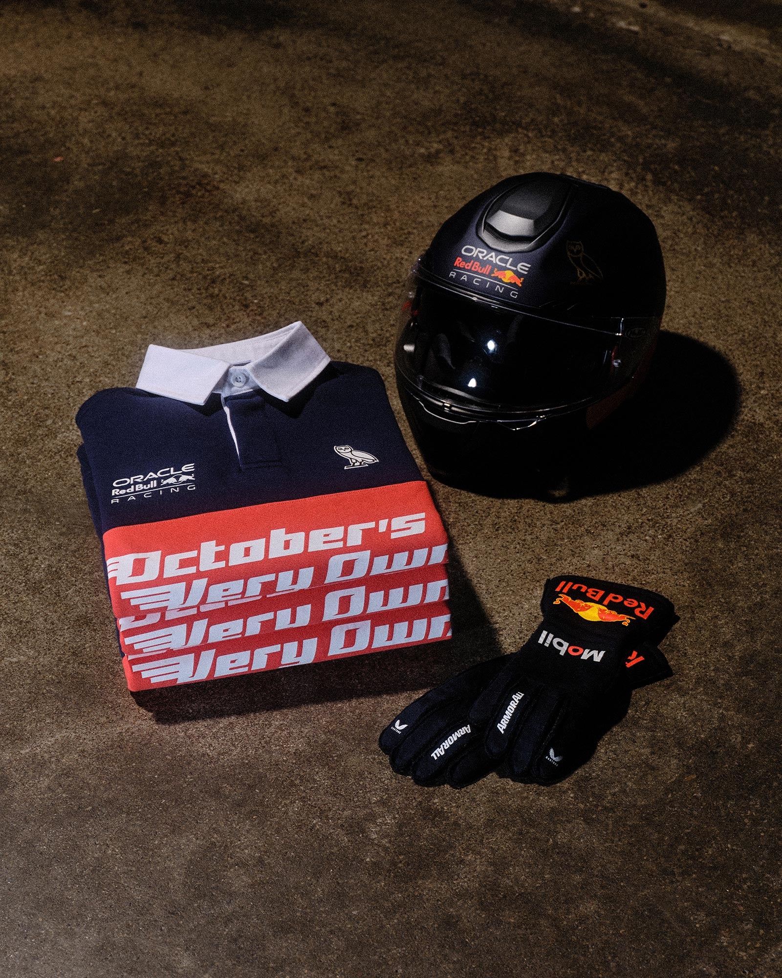 October's Very Own x Red Bull Racing Helmet, gloves and stacked rugby sweaters