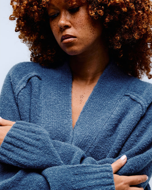 Luxe Boucle Shawl Sweater - Ripple Blue