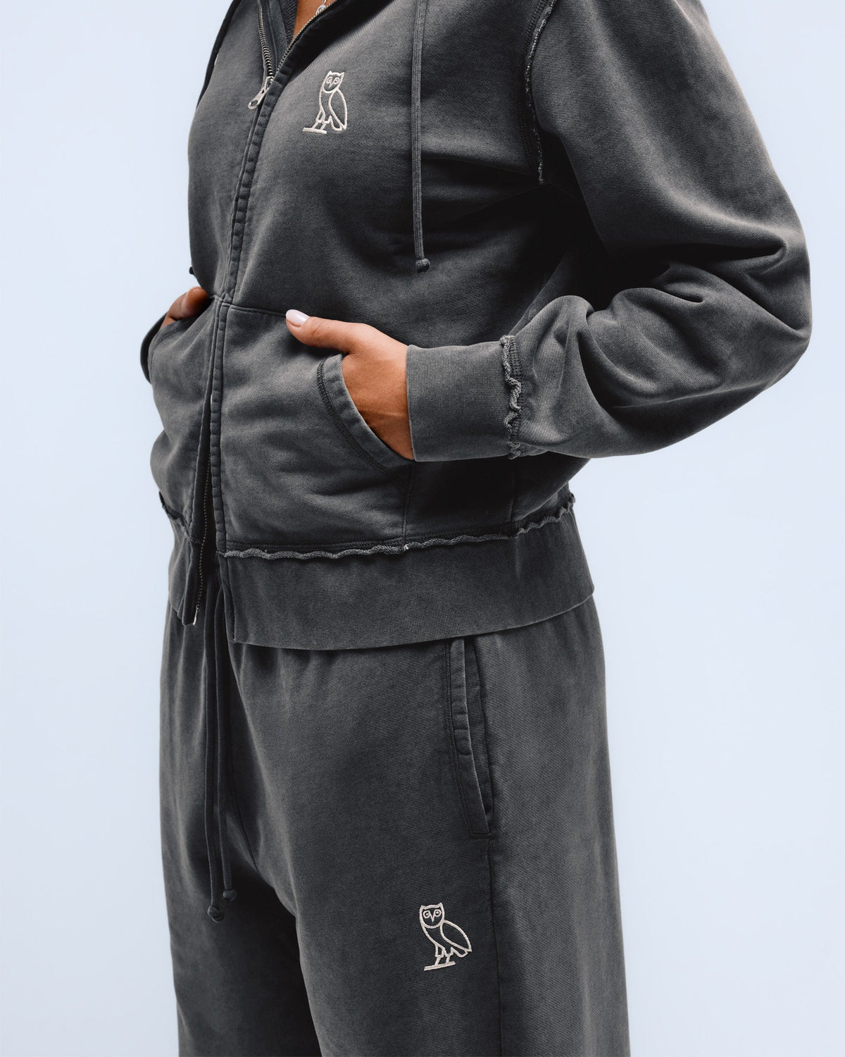 Raw Edge Full-Zip Hoodie - Black Sand
