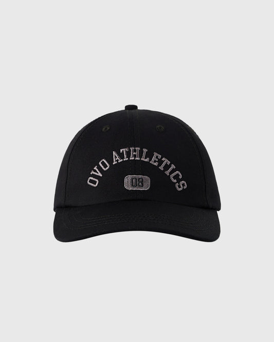 Black baseball cap with "OVO Athletics" embroidered text and logo patch on front.