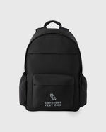 Black backpack with padded straps, multiple compartments, and owl logo with 