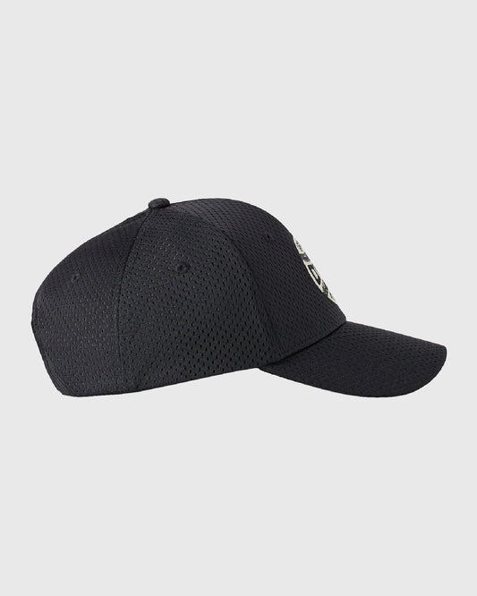 Black mesh ballpark cap with perforated crown and solid bill, shown from side angle.