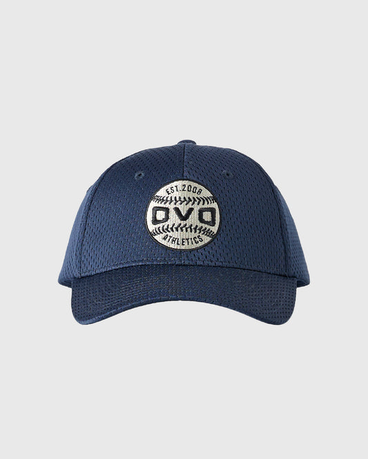 Navy mesh ballpark cap with white baseball-themed circular emblem on front.