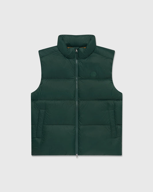 Dark green quilted puffer vest with front zip closure and high neckline.