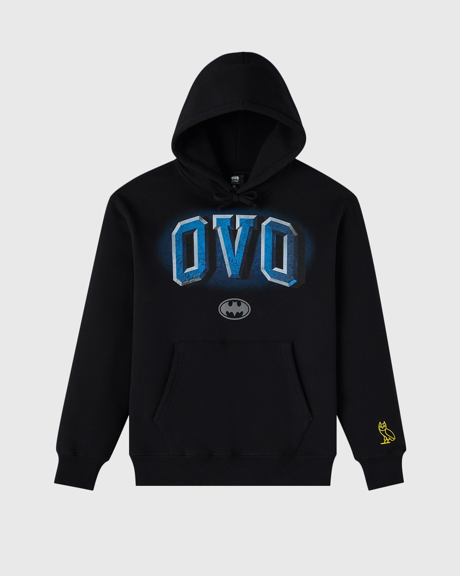 Black hoodie with blue "OVO" text, Batman logo, and yellow owl emblem on sleeve.