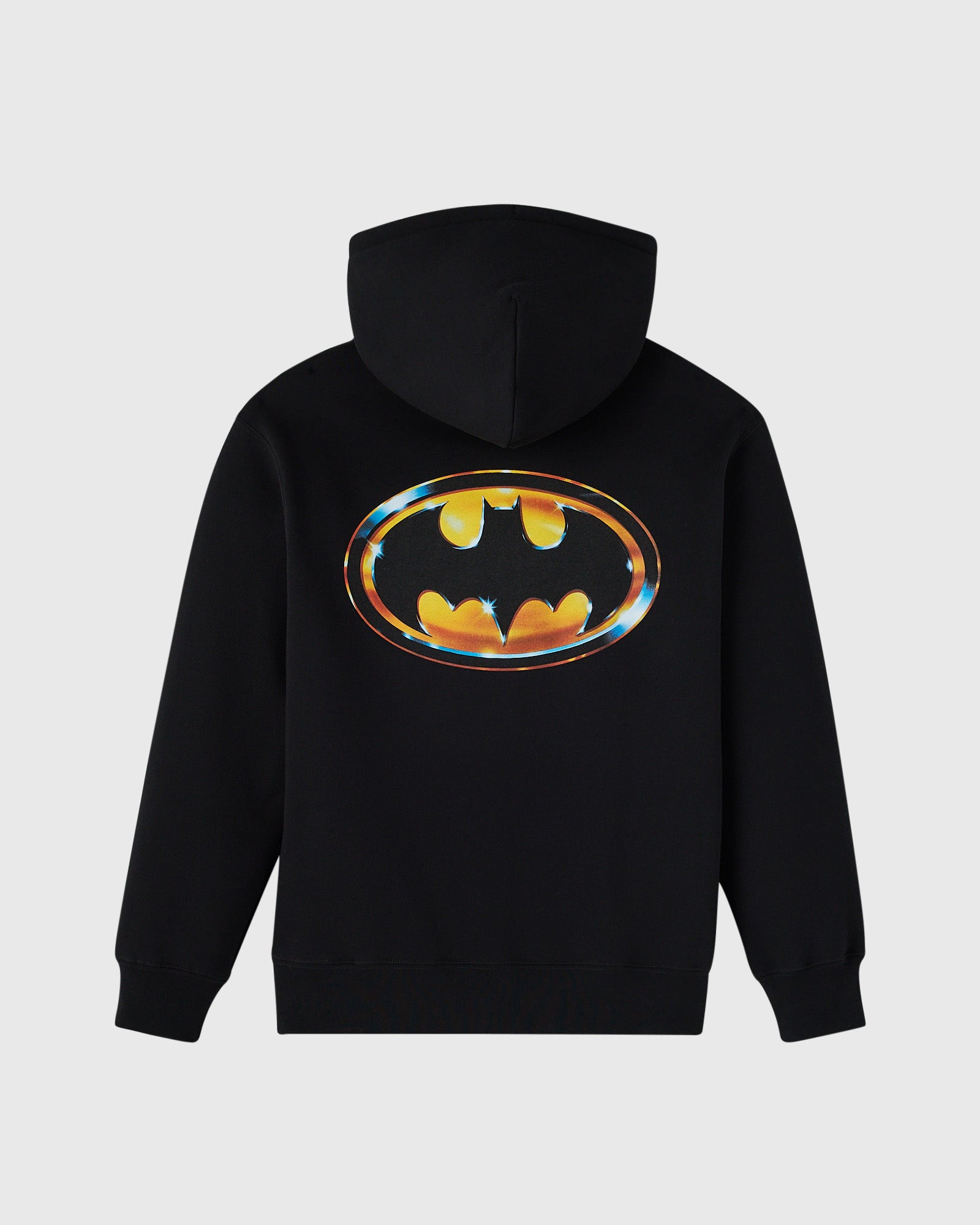 Black hoodie with yellow and orange Batman logo on chest.