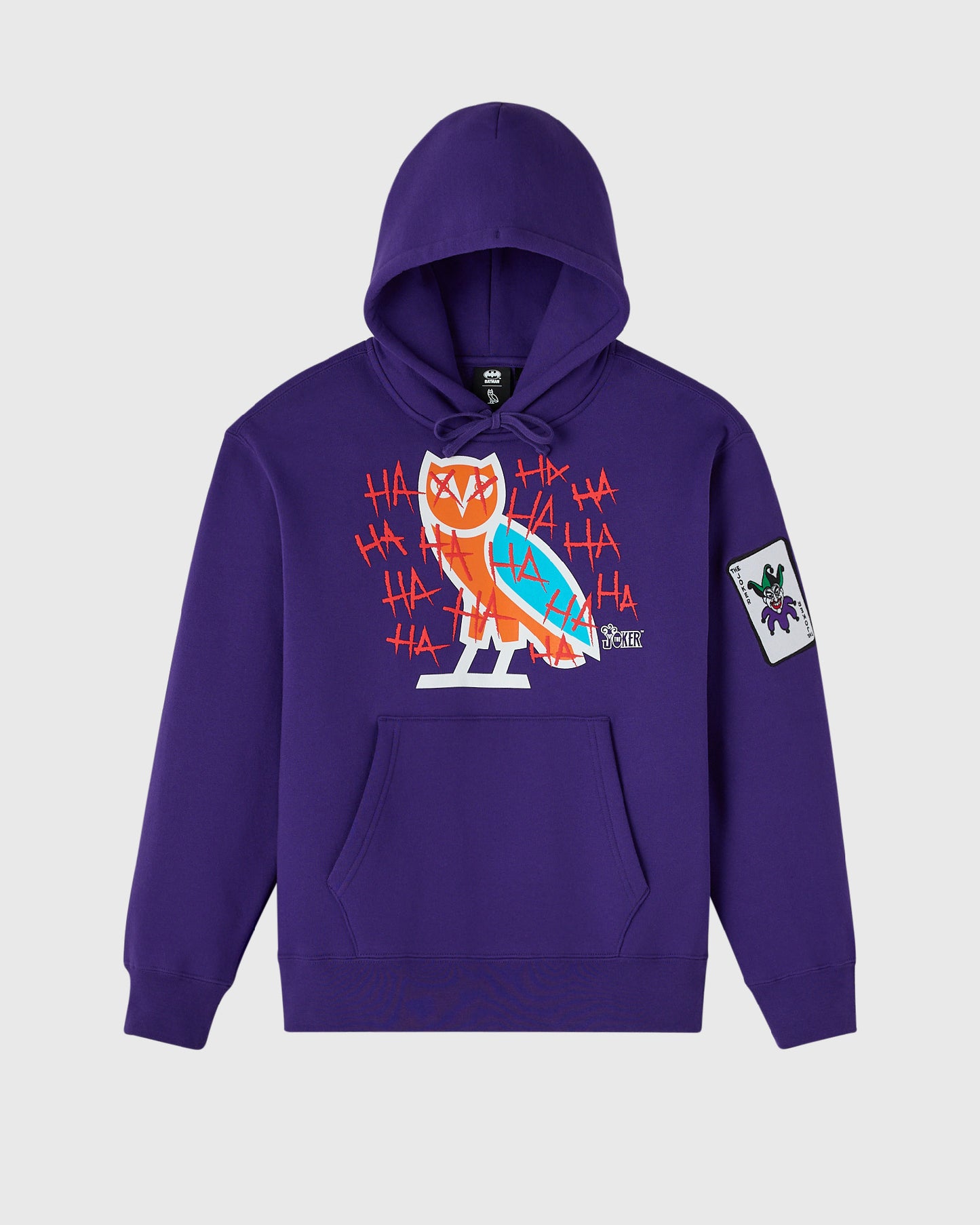 Violet hoodie with orange and white graphic featuring stylized character with "HA" text pattern and playing card patch on sle