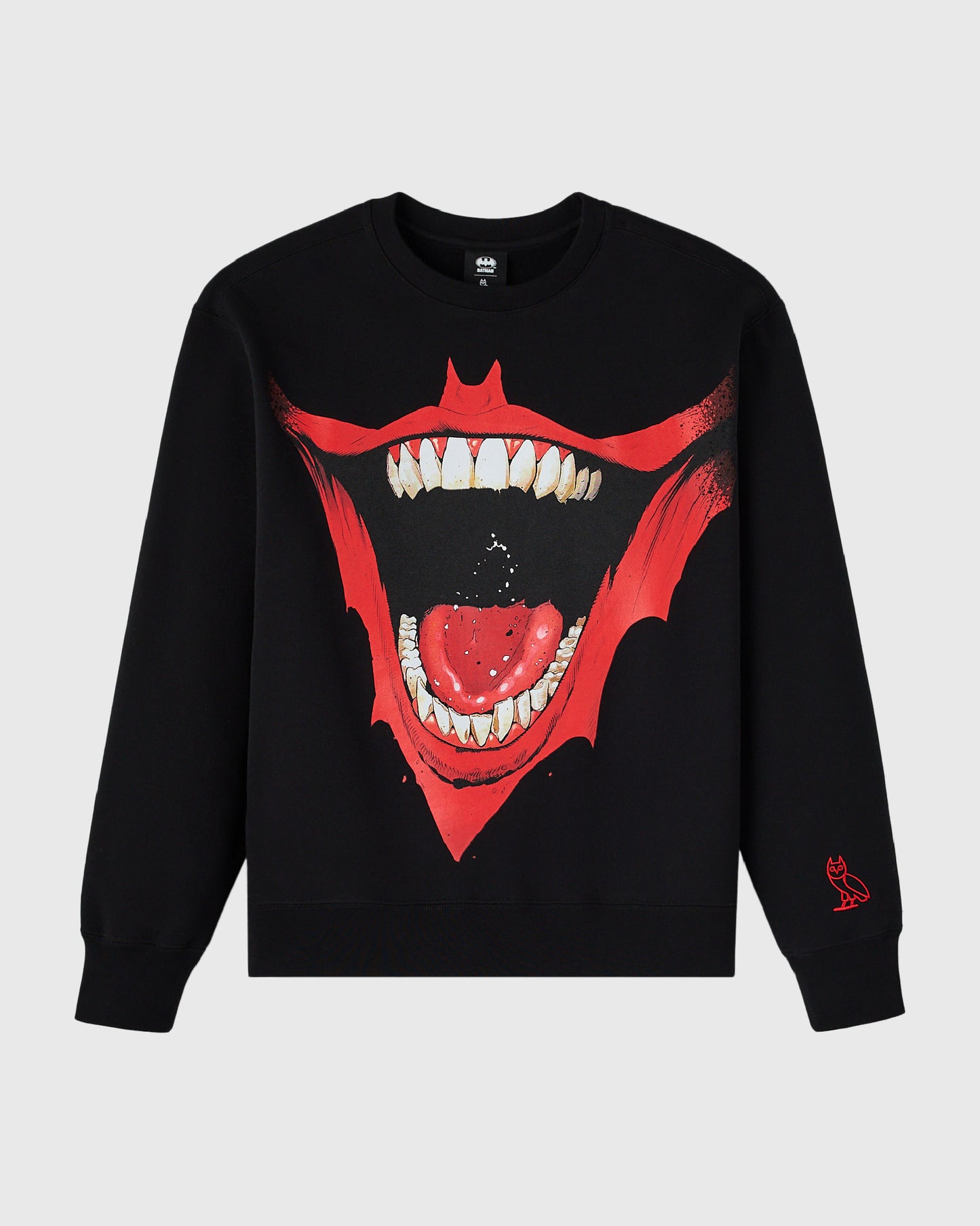 Black crewneck sweatshirt with red bat face graphic featuring bared teeth and heart design on chest.