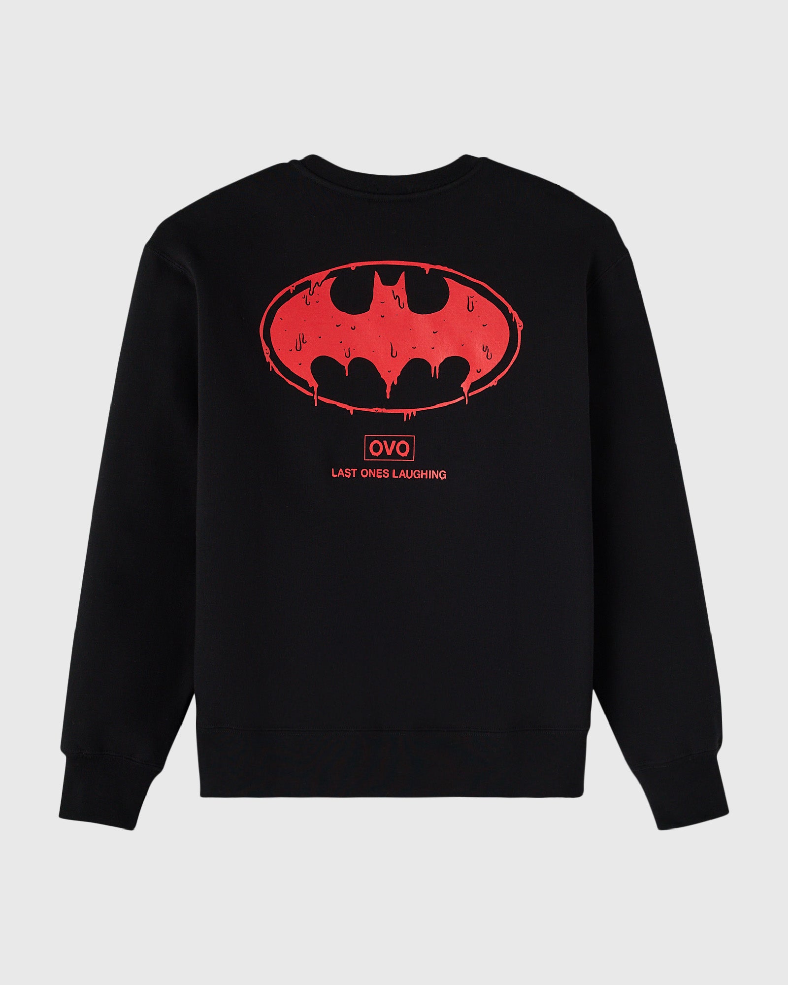 Black crewneck sweatshirt with red bat symbol graphic and "Last Ones Laughing" text on chest.
