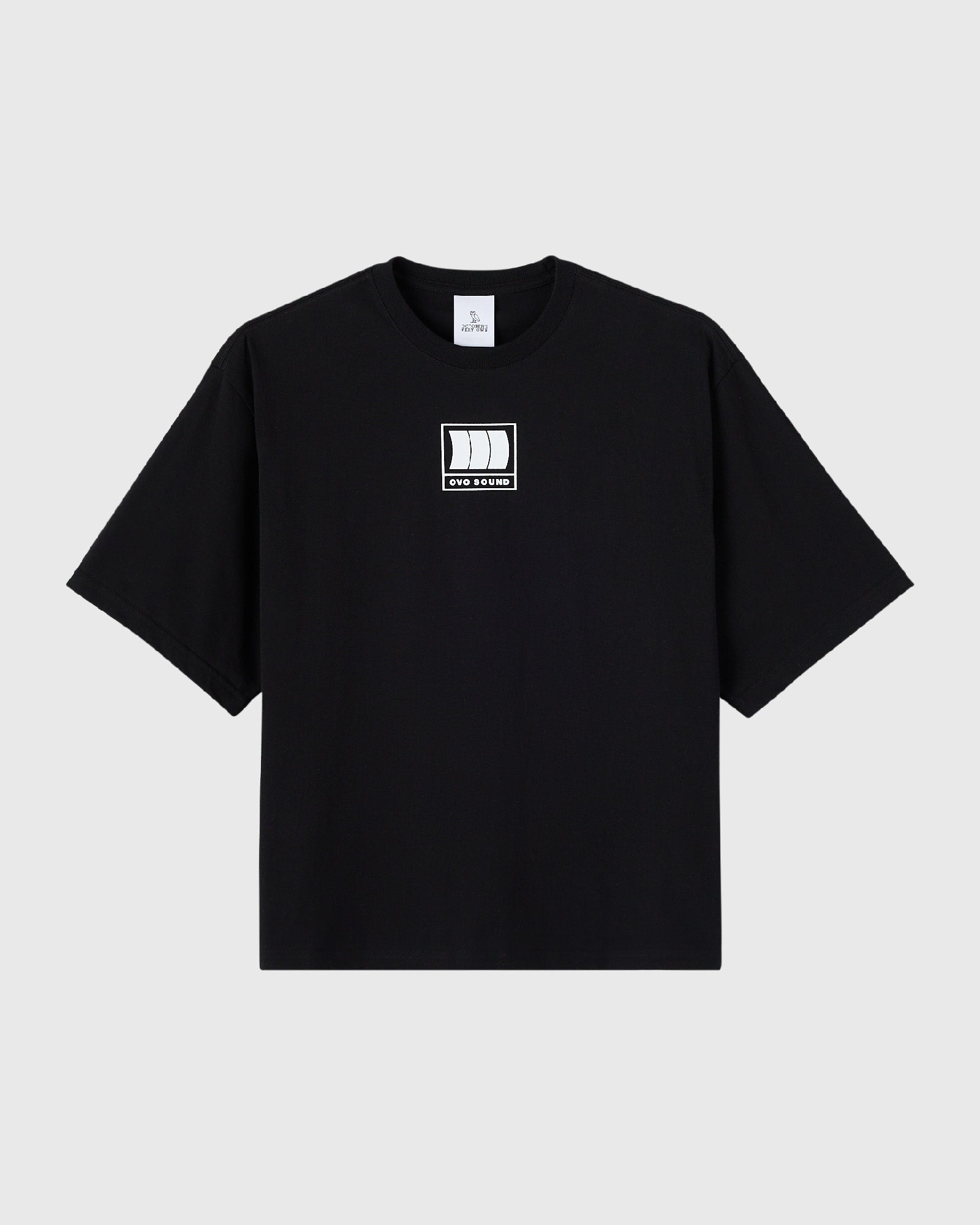 Black t-shirt with small white OVO Sound logo graphic on chest.