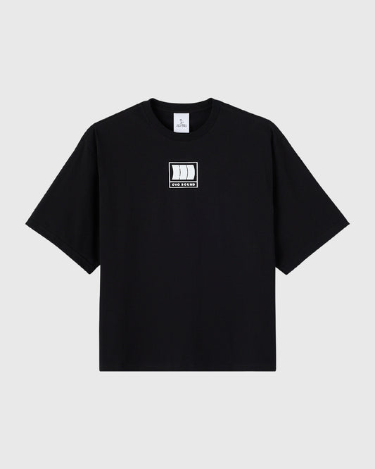 Black t-shirt with small white OVO Sound logo graphic on chest.