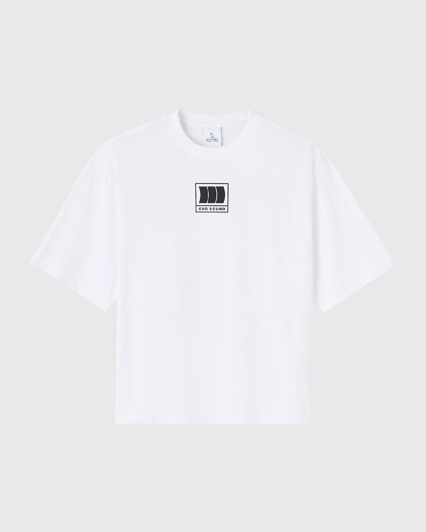White short-sleeve t-shirt with small OVO Sound logo graphic centered on chest.