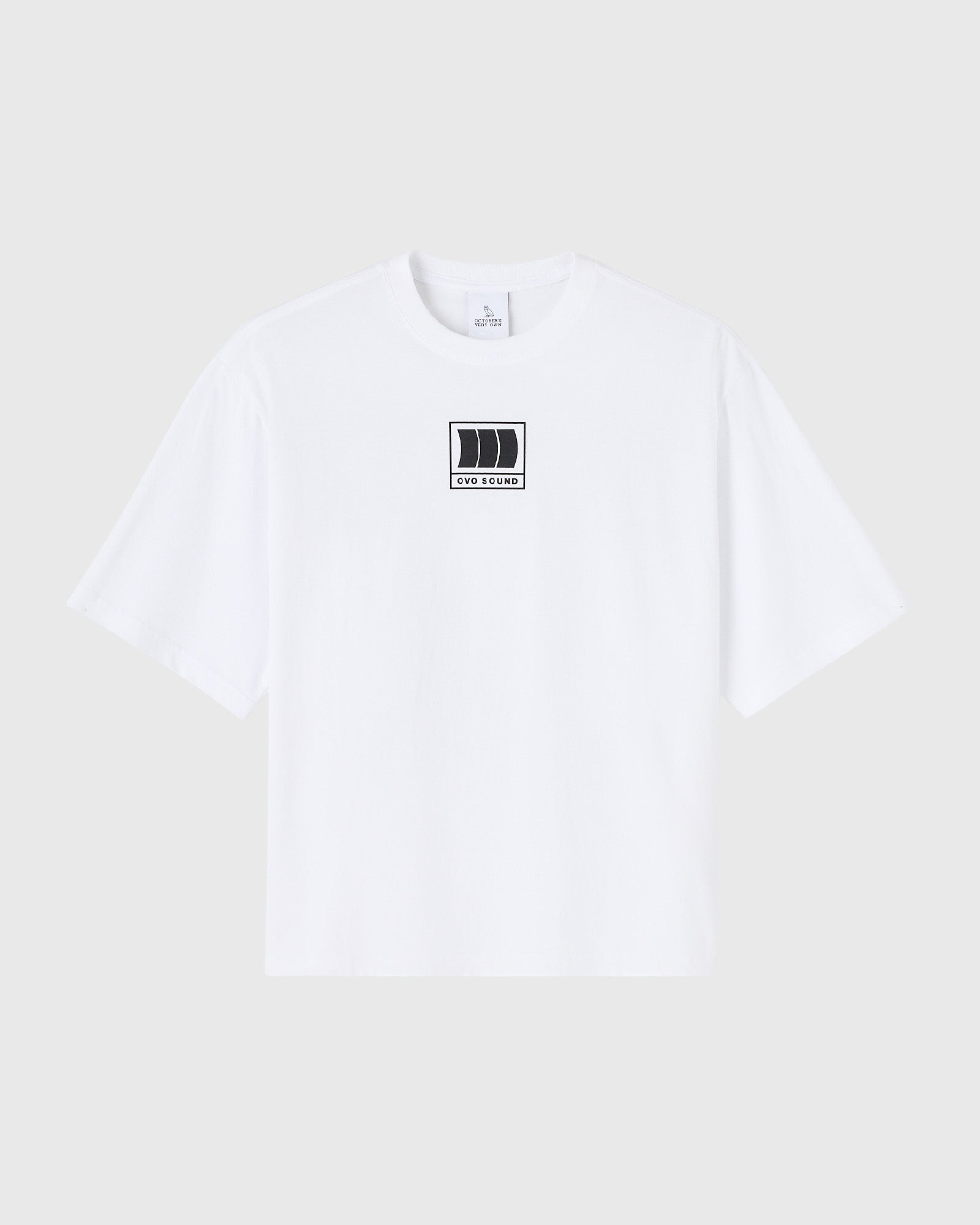 White short-sleeve t-shirt with small OVO Sound logo graphic centered on chest.