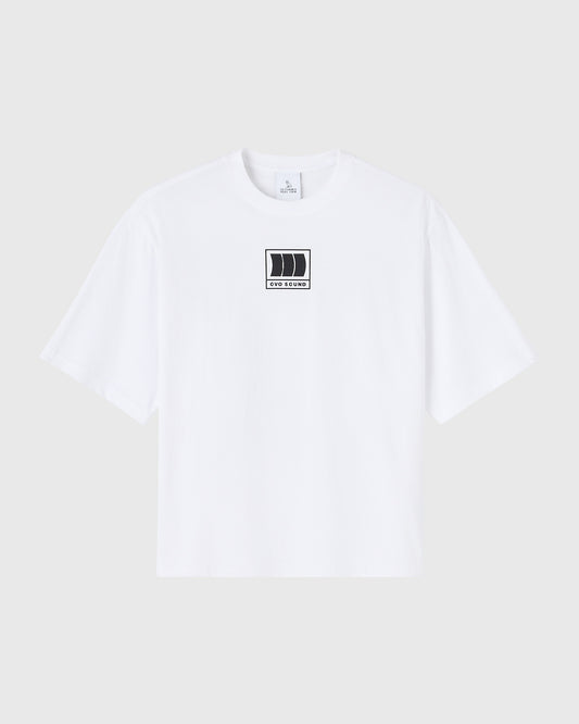 White short-sleeve t-shirt with small OVO Sound logo graphic centered on chest.