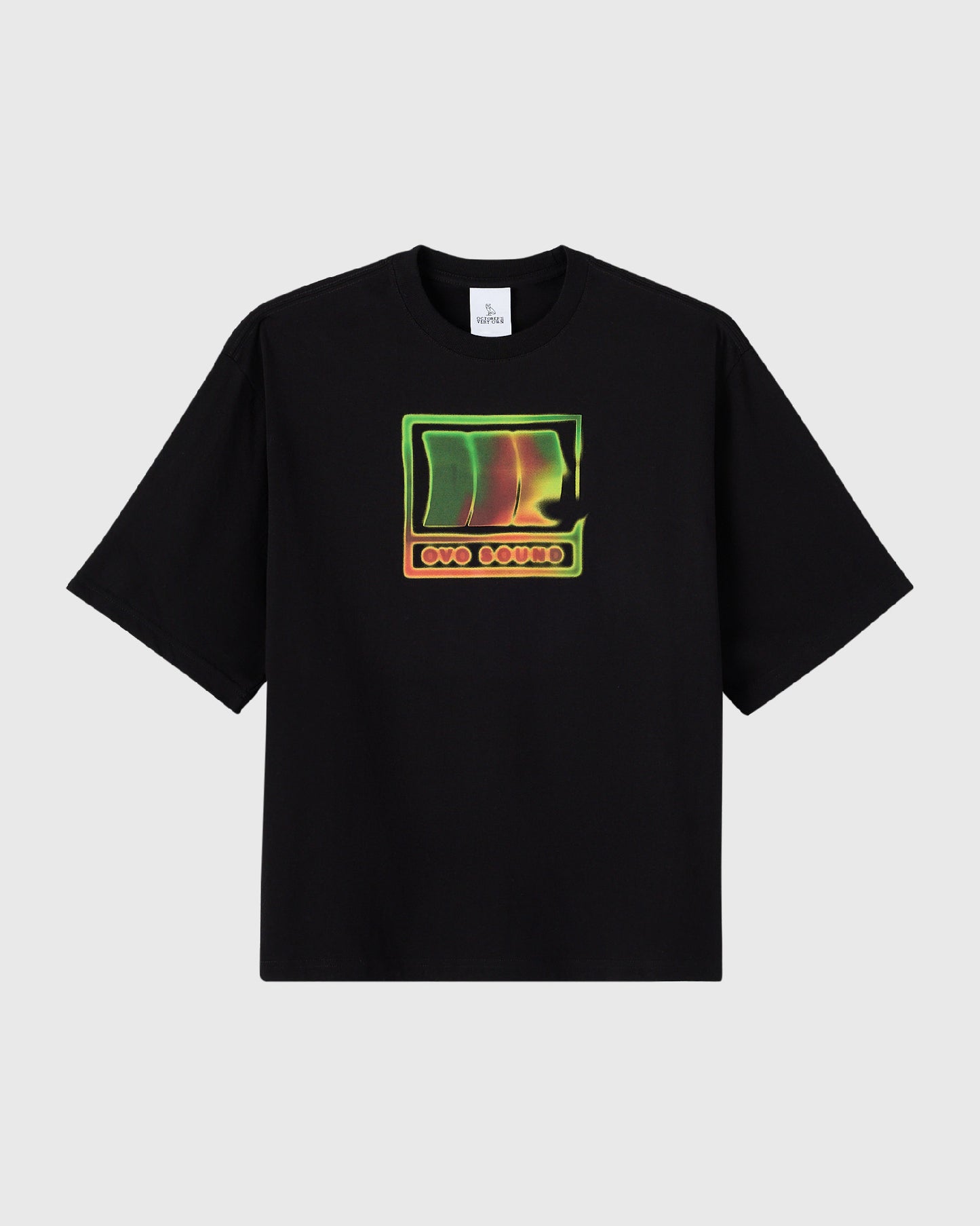 Black t-shirt with neon-colored OVO Sound logo graphic on chest.