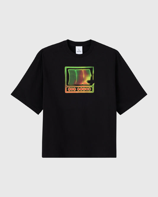 Black t-shirt with neon-colored OVO Sound logo graphic on chest.