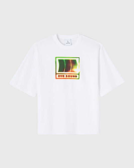 White short-sleeve t-shirt with neon OVO Sound graphic print centered on chest.