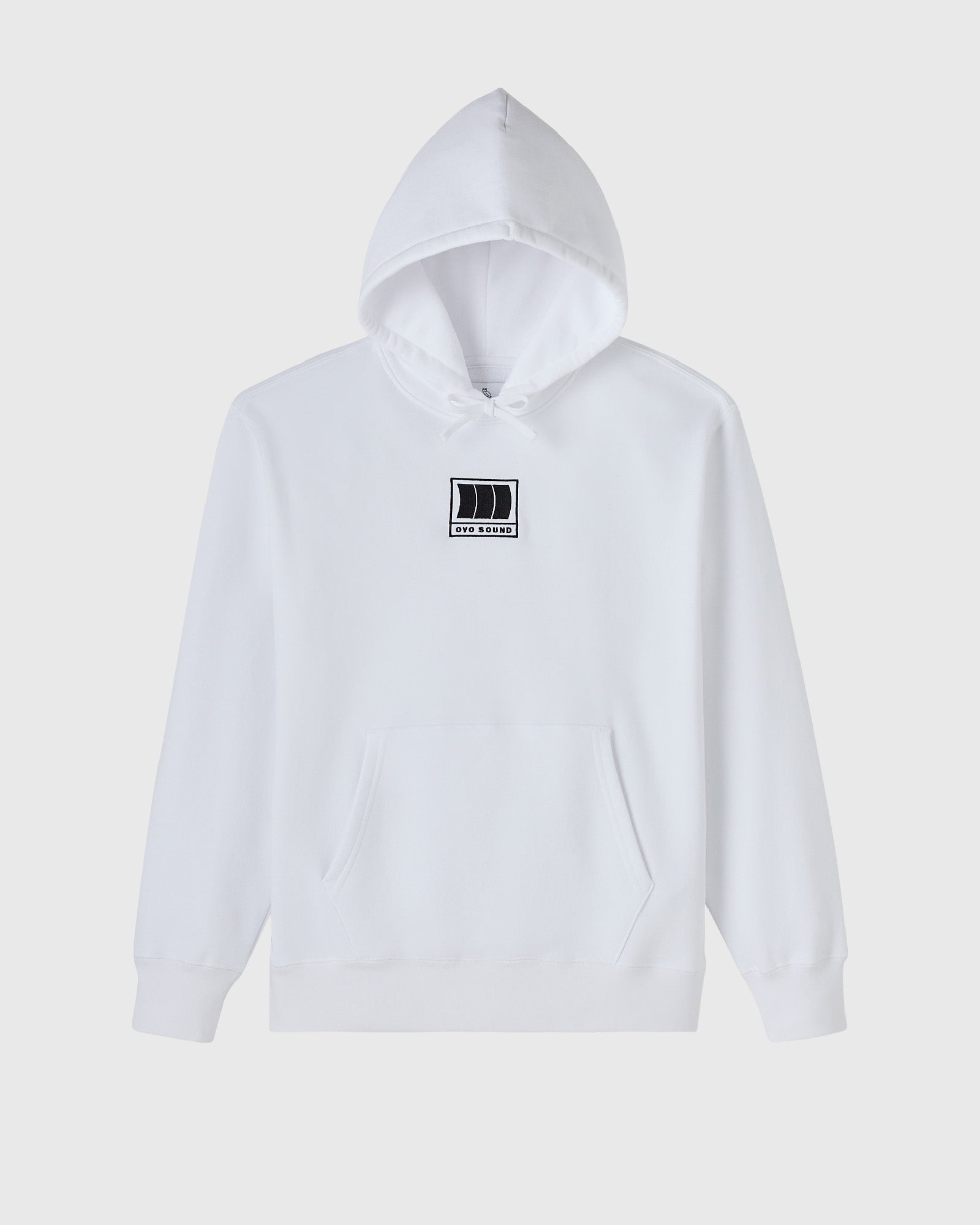 White pullover hoodie with small black OVO Sound logo on chest and front kangaroo pocket.