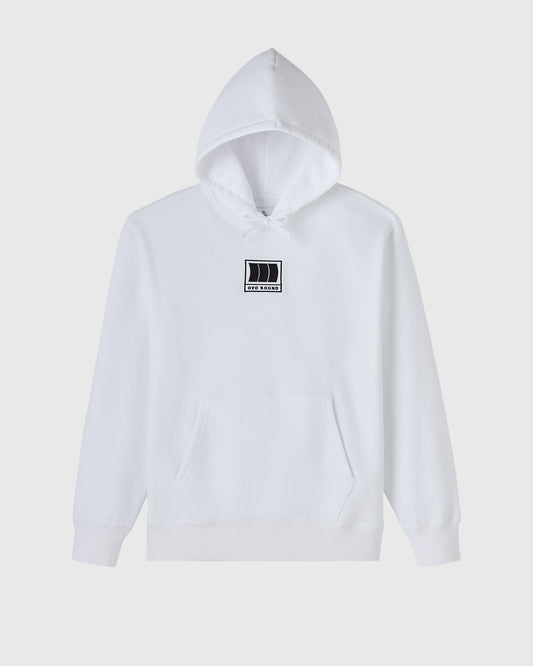 White pullover hoodie with small black OVO Sound logo on chest and front kangaroo pocket.