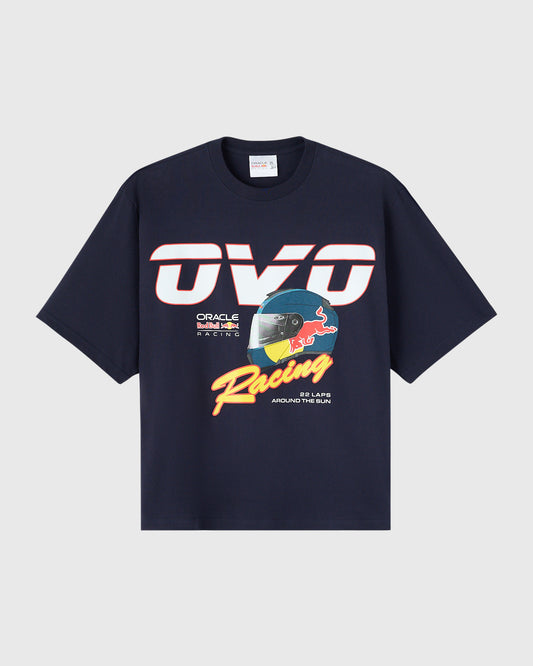 Navy t-shirt with Red Bull Racing graphic print featuring OVO logo, racing helmet illustration, and text.