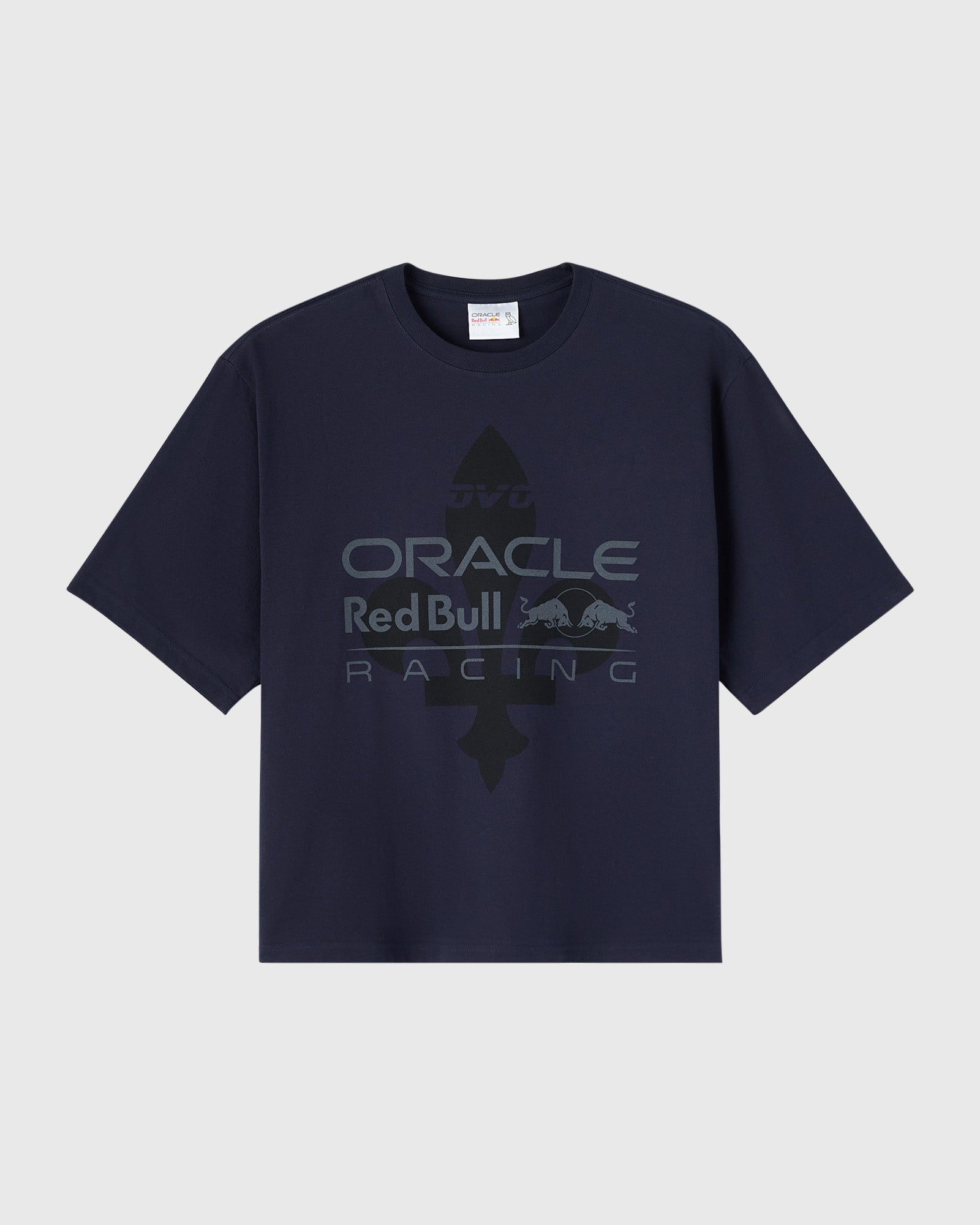 Navy t-shirt with Oracle Red Bull Racing logo and fleur-de-lis graphic on front.