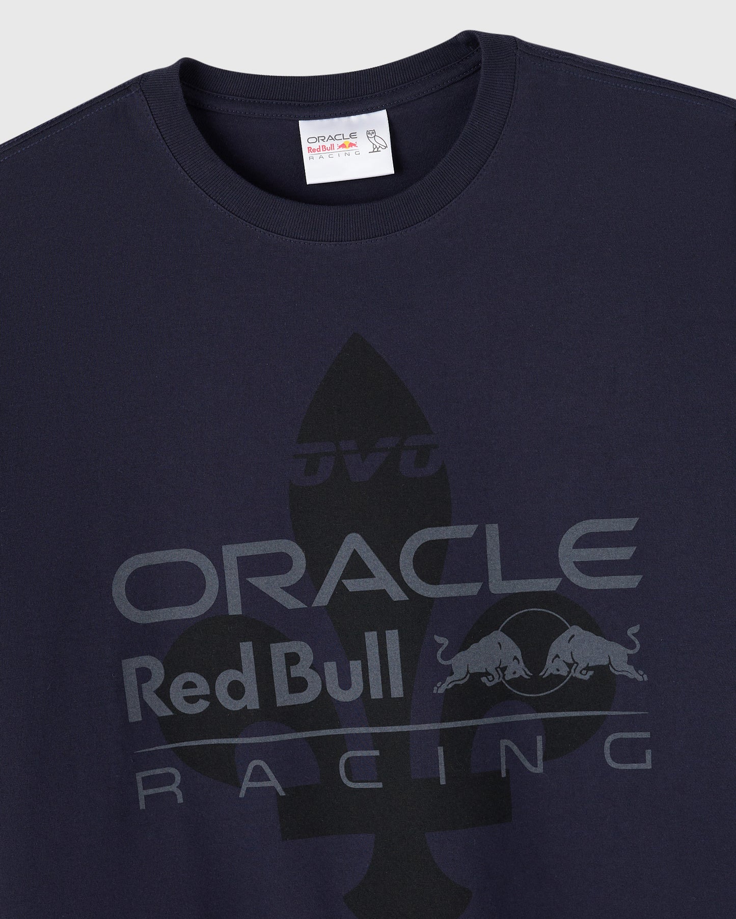 Navy crew neck tee with Oracle Red Bull Racing logo and bull graphic in dark gray on chest.