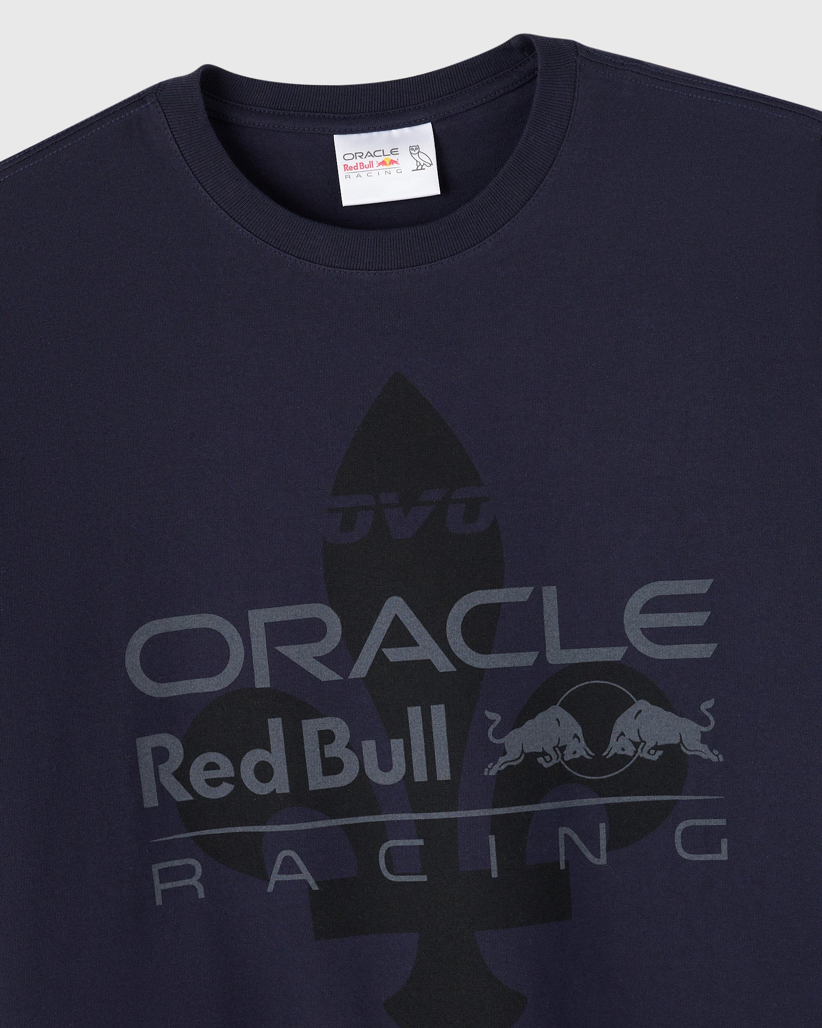 Navy crew neck tee with Oracle Red Bull Racing logo and bull graphic in dark gray on chest.