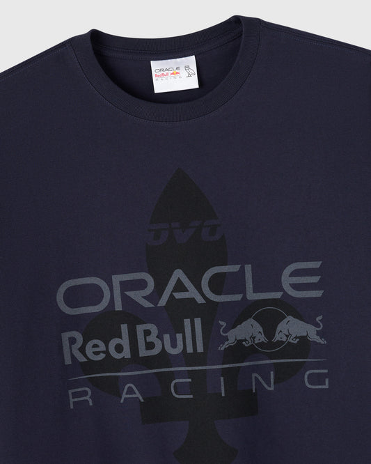 Navy crew neck tee with Oracle Red Bull Racing logo and bull graphic in dark gray on chest.