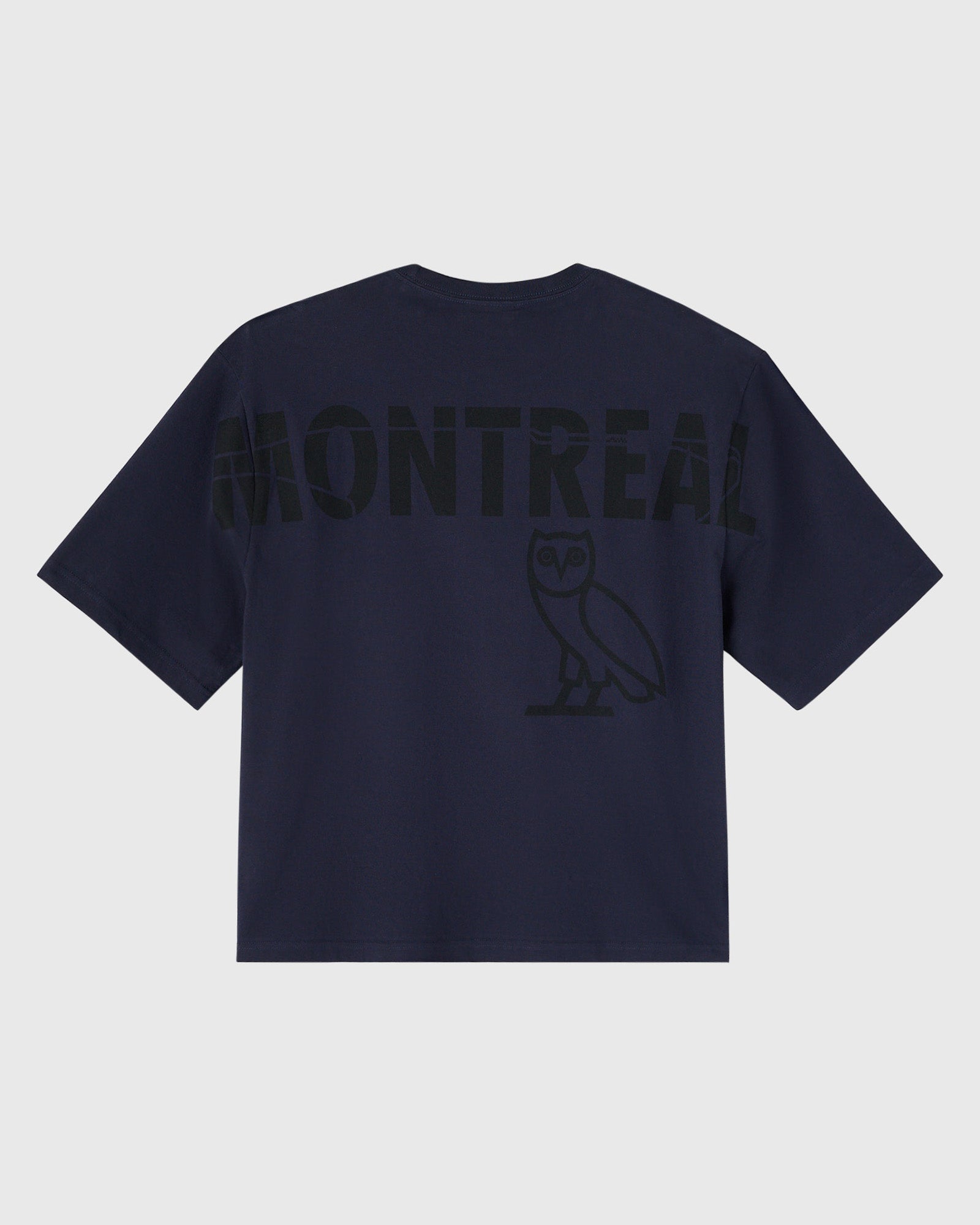 Navy short-sleeve t-shirt with "Montreal" text and owl logo printed on back.