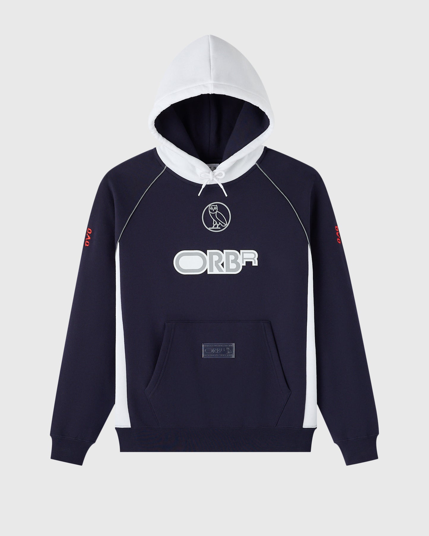 Navy and white color-block hoodie with front logo print and white drawstring hood.