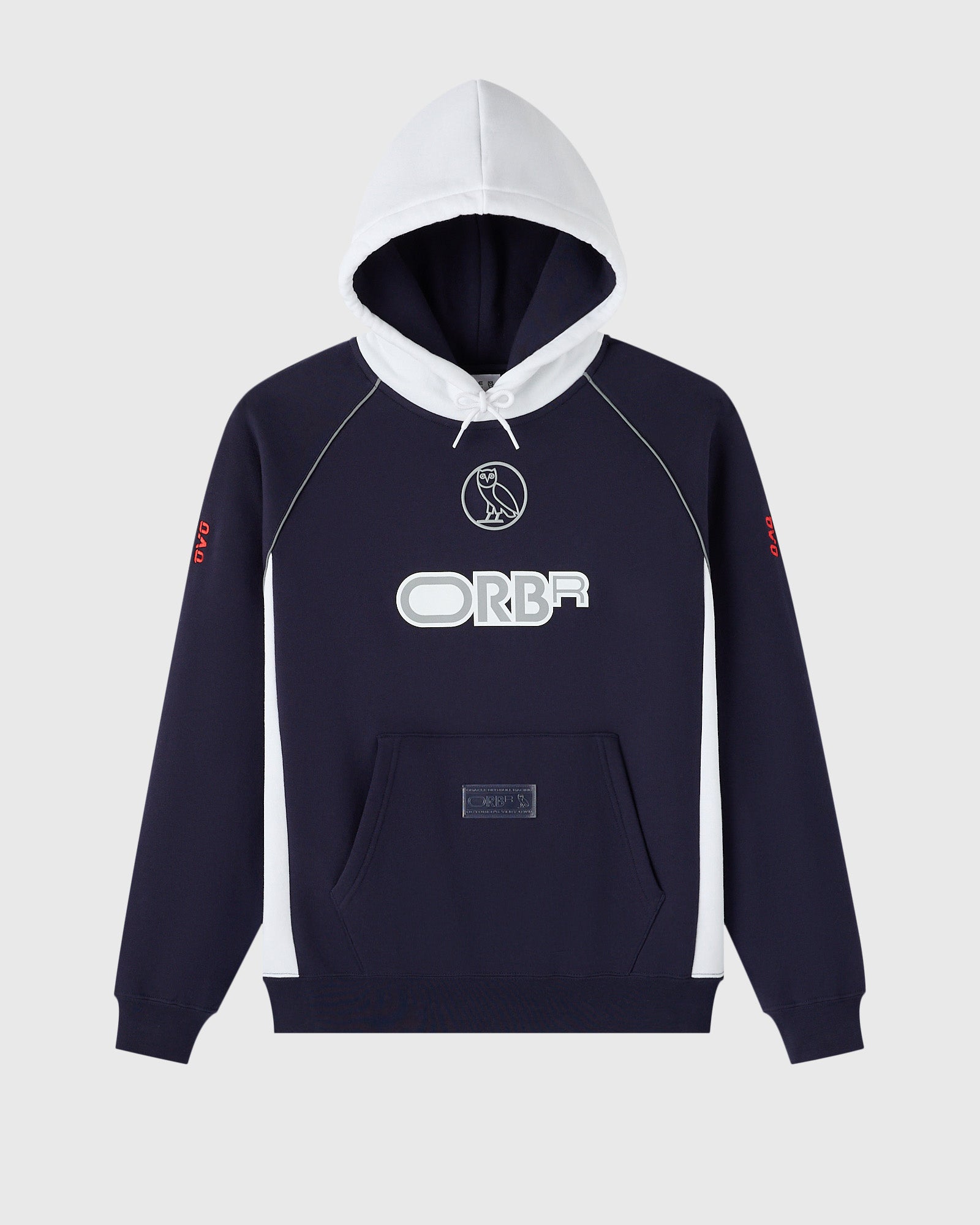 Navy and white color-block hoodie with front logo print and white drawstring hood.